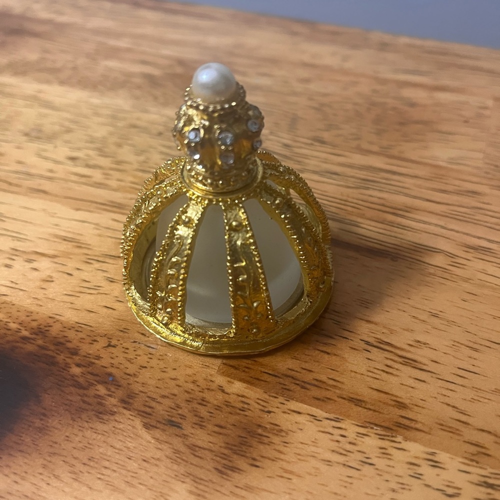 Gold Crown Perfume Bottle/Trinket Box w Jewels Pearls 3" X 2.5”. Empty. - Picture 9 of 11
